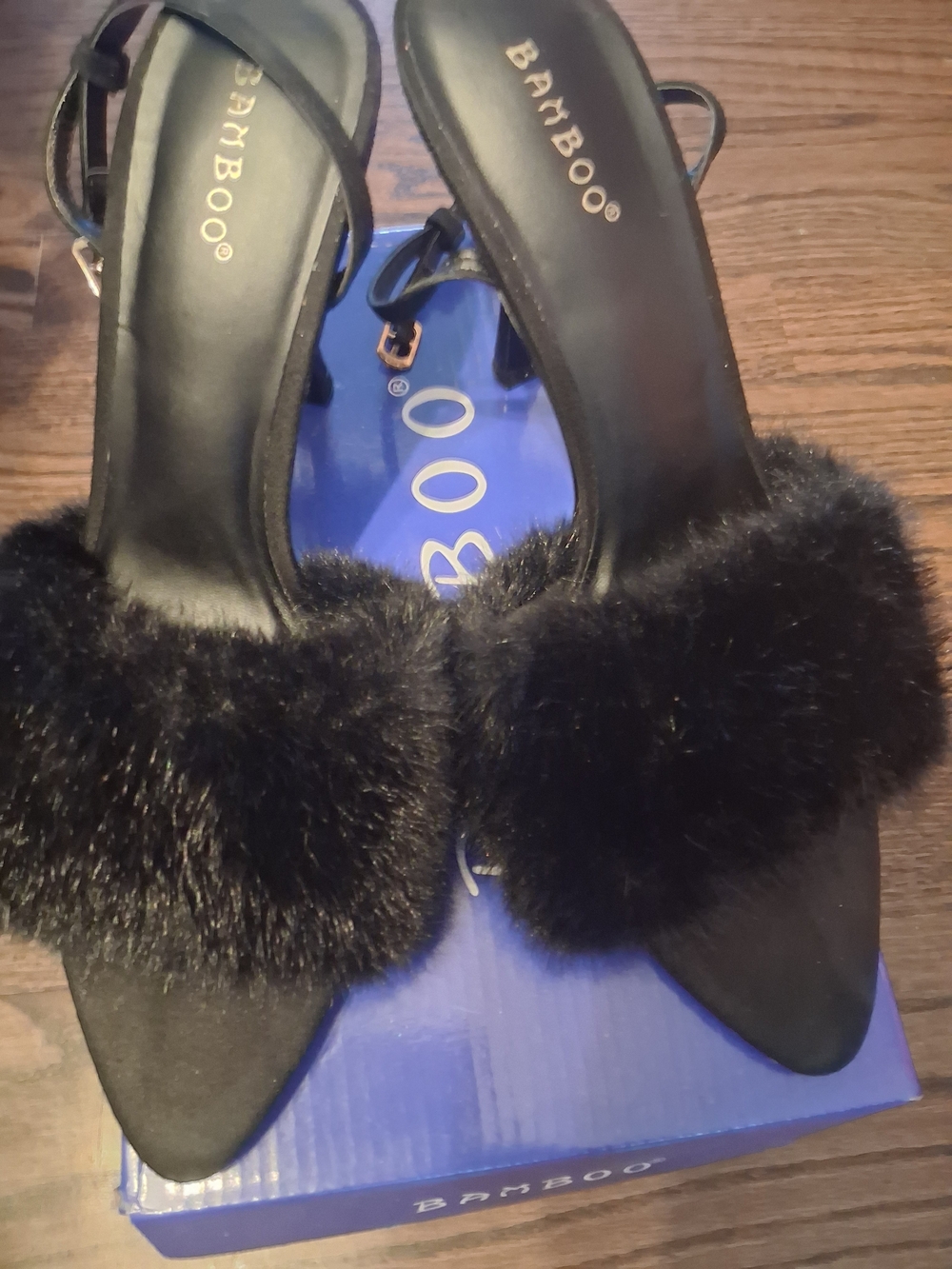 BAMBOO Black Faux Fur Pointed Slide Heels with Ankle Strap